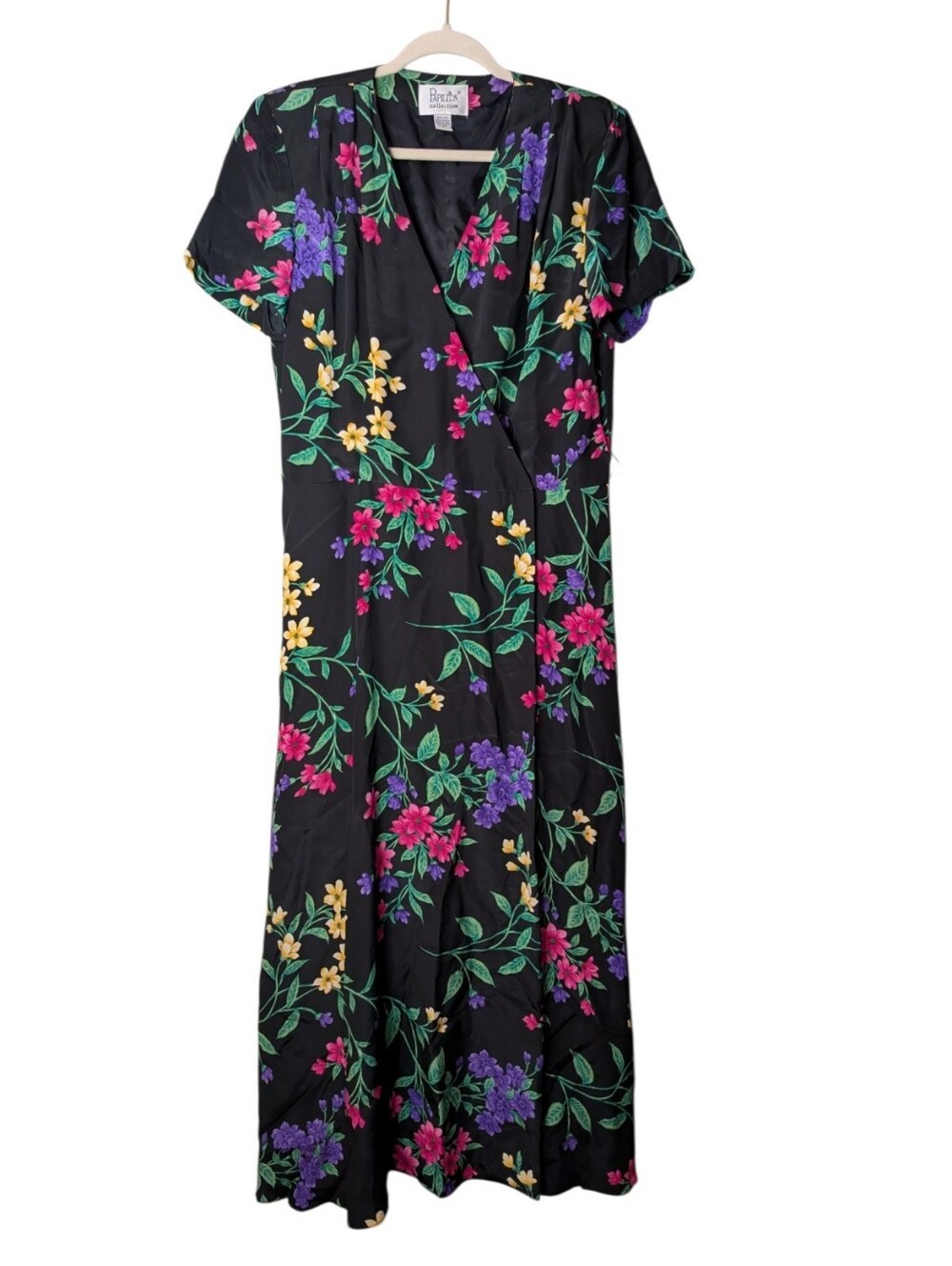 Vintage Papillon 100% Silk Floral Maxi Wrap Dress Black Vtg 80s 90s cottage 14